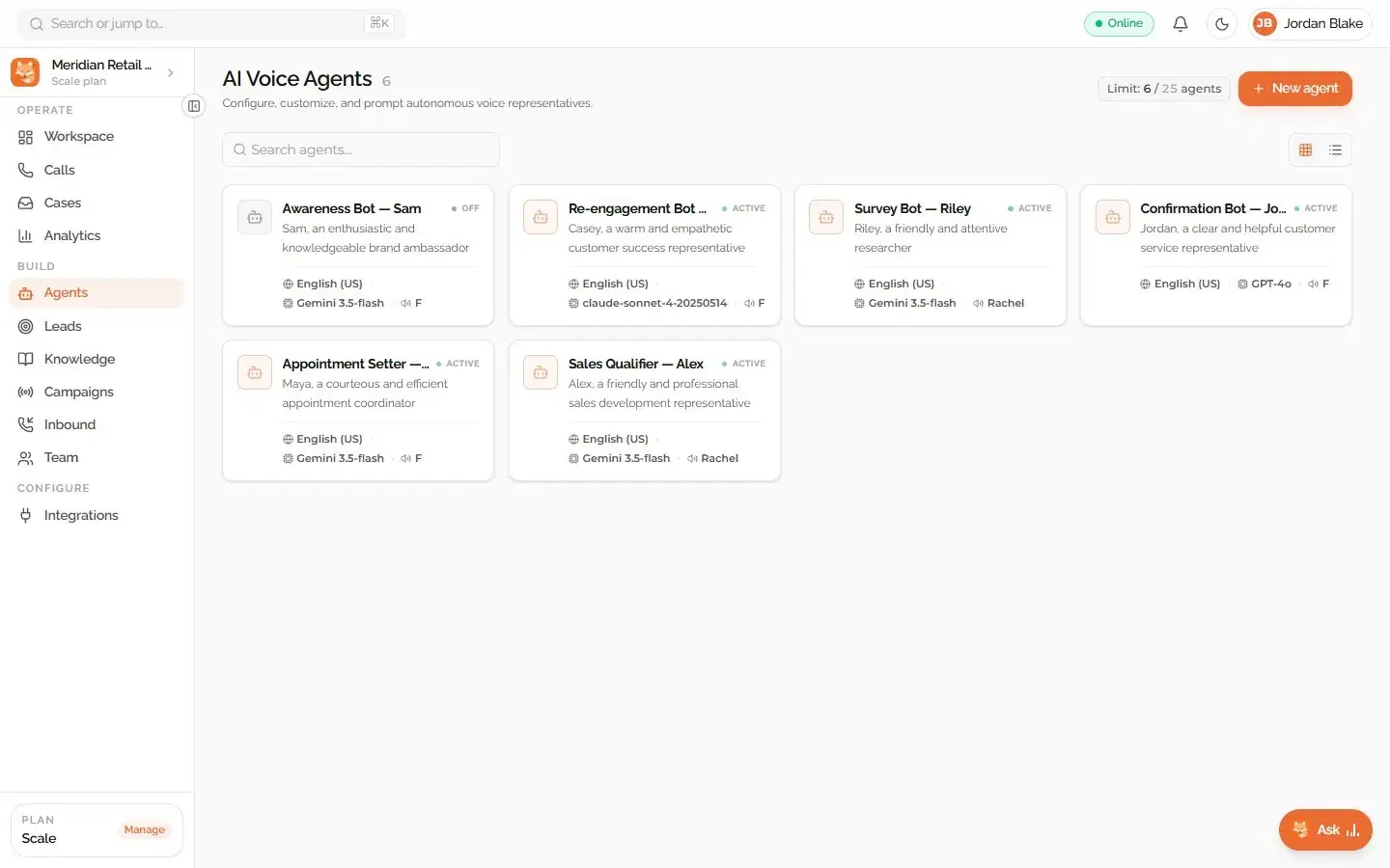 Dunefox Voice agent builder screen for configuring an AI calling agent without code