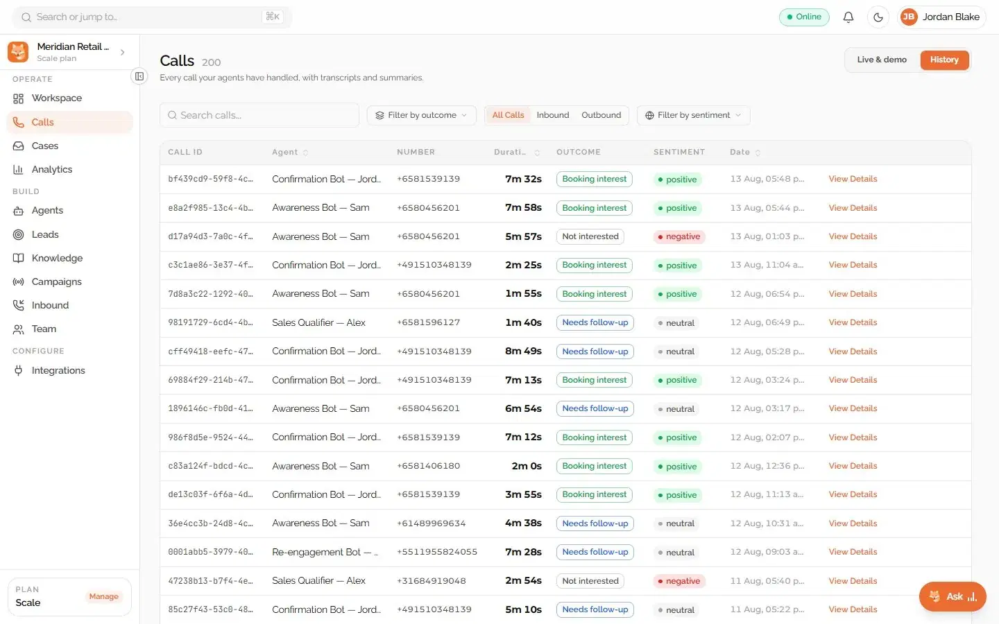 Dunefox Voice call history listing each call with its agent, duration, outcome and sentiment