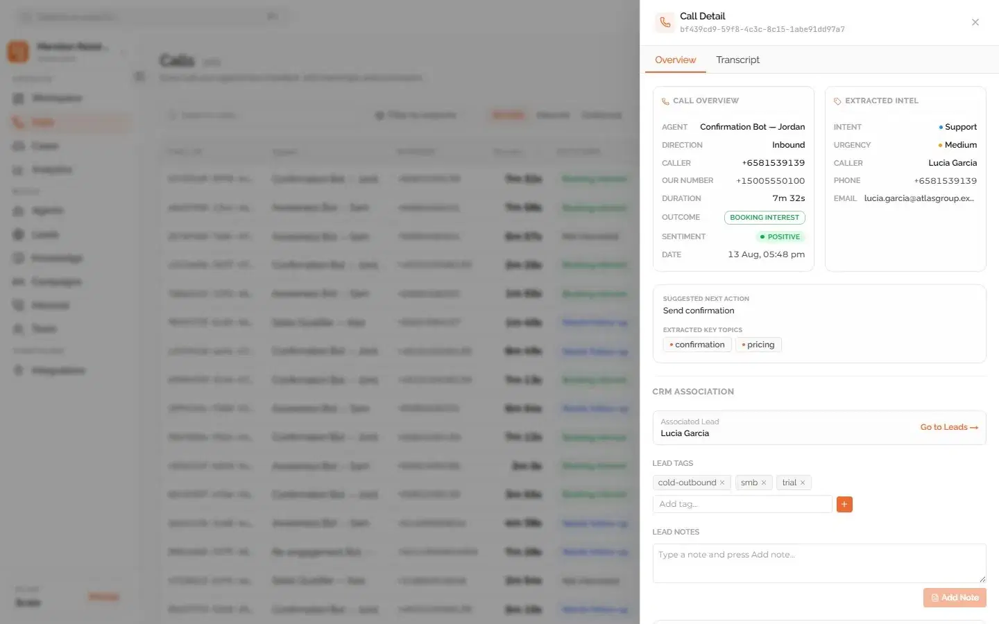 Dunefox Voice call detail showing the transcript and AI summary of a completed call