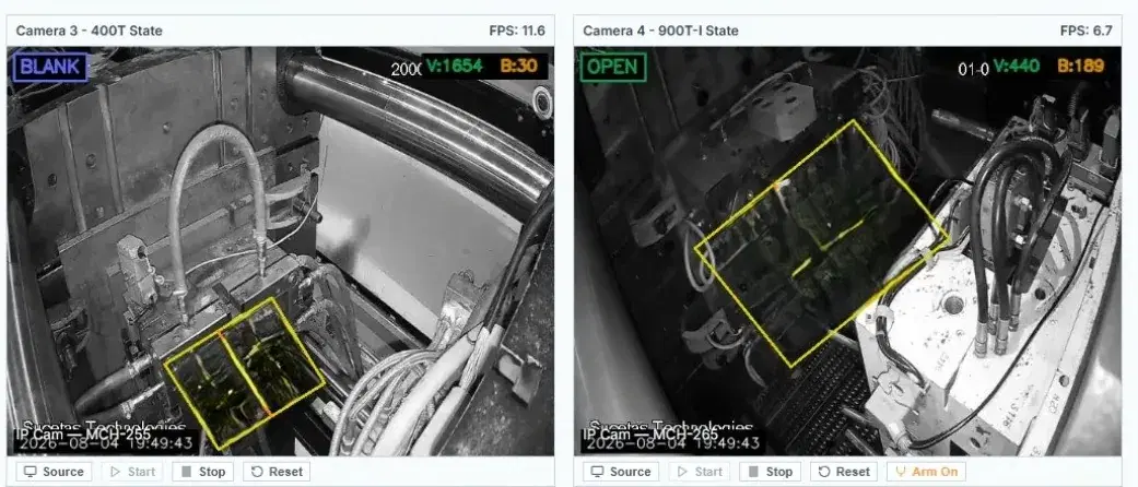 IMMS reading the cycle state of two molding machines, one showing a failed blank shot and one showing the mold open