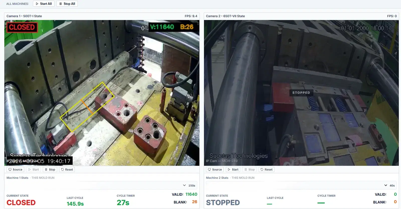 IMMS live dashboard showing two injection molding machines side by side with their current cycle state and running counts
