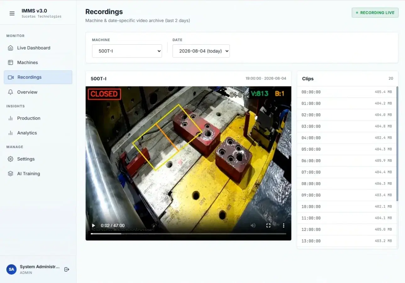 IMMS recordings screen with an hourly video archive for a selected machine and date