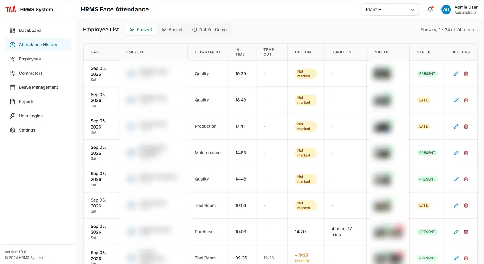 HRMS attendance register listing employees with in time, out time, duration, photo evidence and status