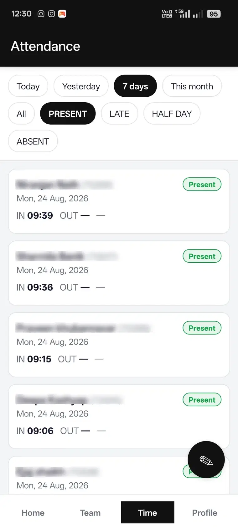 HRMS mobile app showing a filtered attendance list for the last seven days