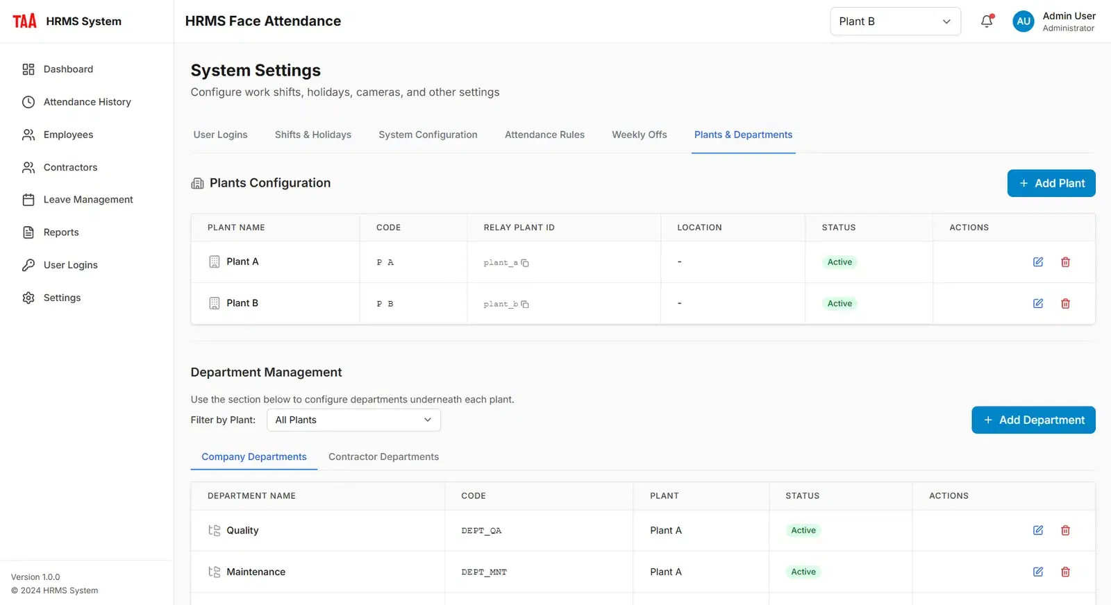 HRMS settings screen for configuring plants and the departments underneath each plant