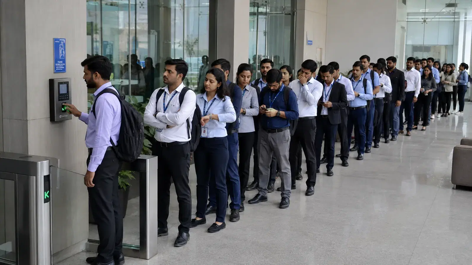 A long queue of employees waiting to use a touch-based biometric attendance reader at an office entrance