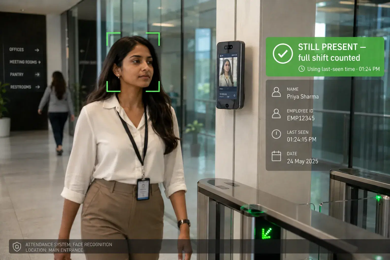 Attendance system screen confirming an employee is still present and their full shift has been counted