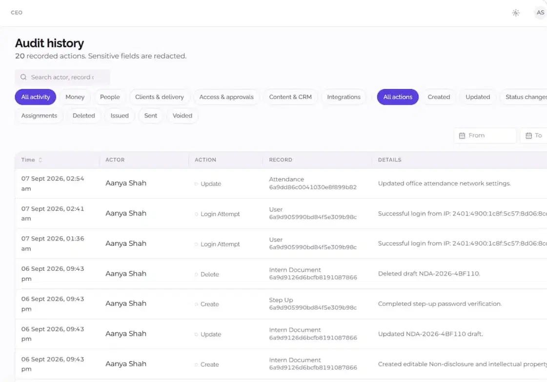 Audit history in Sucetas Console recording every request, approval and change with actor and time